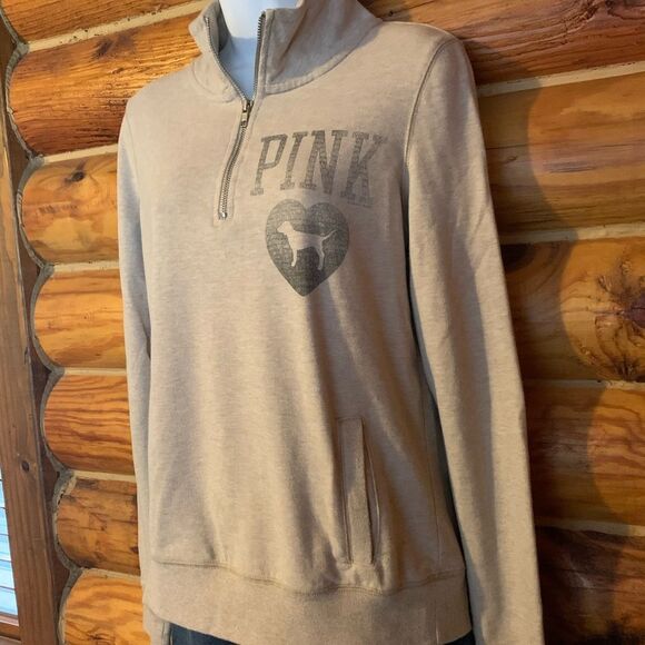 Victoria's Secret PINK Half Zip Heather Beige Tan Pullover Sweatshirt Sm… - Picture 2 of 12